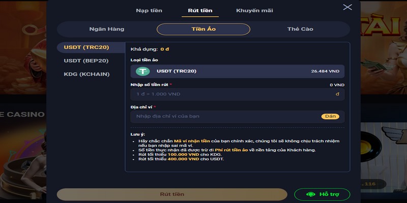 Bạn có thể dùng ví tiền ảo KDG hoặc USDT để lấy tiền từ VIN777 SA