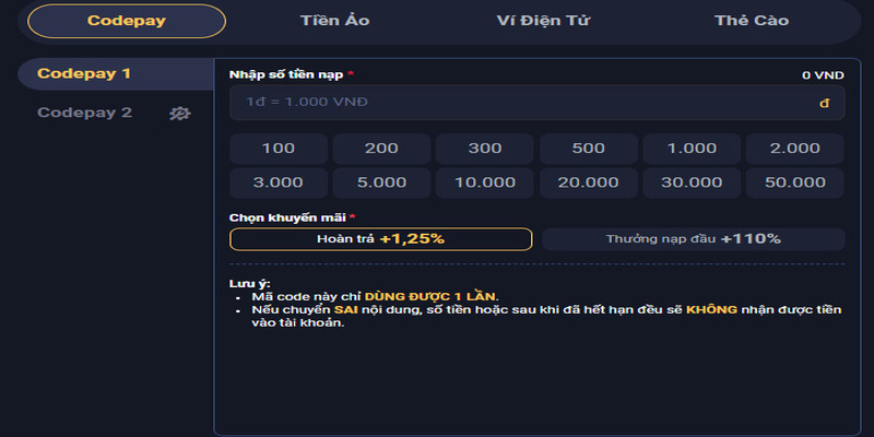 Các chương trình ưu đãi điều yêu cầu nạp một số tiền cụ thể