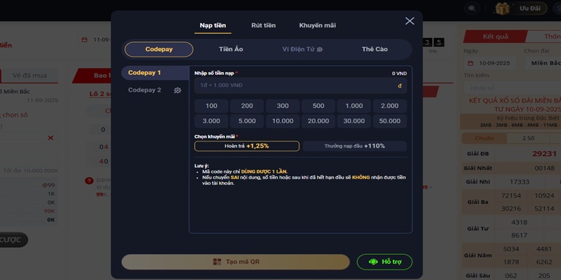 Tiến hành nạp tiền vào tài khoản để tham gia game